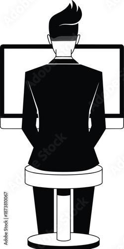 Back view silhouette of man working at desktop computer in modern office workspace concept isolated on white background illustration