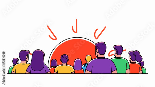 Diverse group anticipates bright sunrise, symbolizing hope and new beginnings