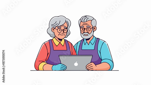 Elderly couple with glasses and aprons using a laptop together