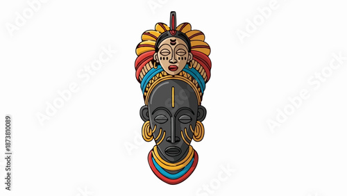 Elaborate tribal mask with layered headdress, intricate facial features, and vibrant adornments