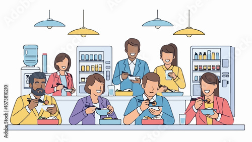 Diverse group enjoys lunch break, eating from bowls and bento boxes, in bright setting