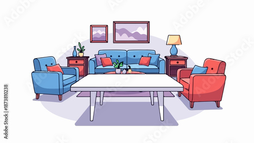Cozy living room with blue sofa, red chairs, table, lamps, and art