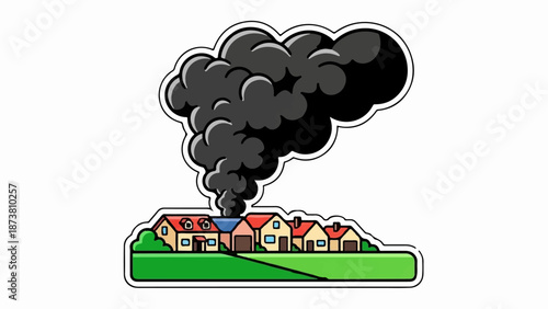 Dark smoke billows over a row of colorful cartoon houses on a green hill