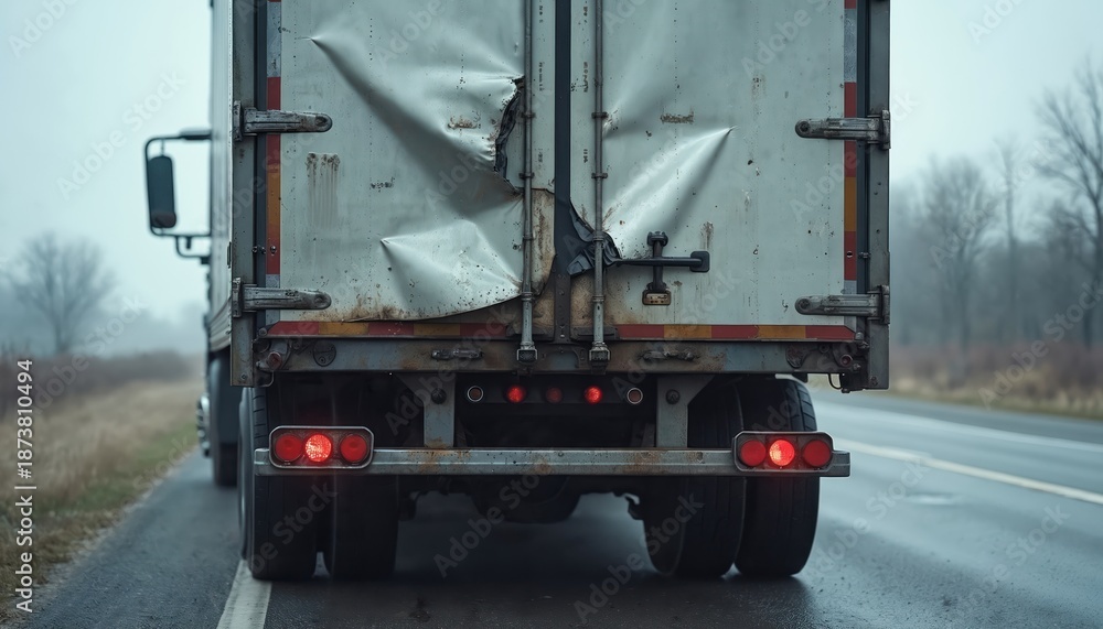 Obraz premium Damaged truck trailer sits on wet road after accident. Crumpled metal doors, broken lights, and bent frame indicate severe impact. Foggy weather surrounds the scene.