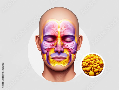 Human face anatomy showing sinuses and nasal passages with magnified view of cells