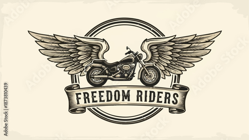 Motorcycle With Wings Emblem Freedom Riders.