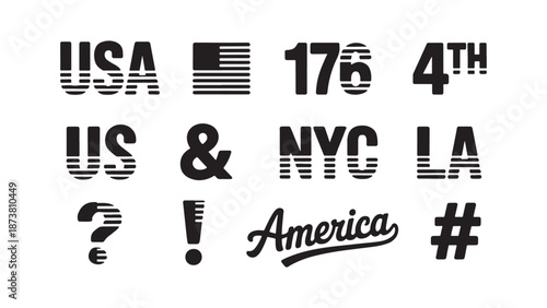 Patriotic USA typography vector set featuring striped American lettering, 1776, 4th of July, and city abbreviations like NYC and LA for Independence Day graphic design projects.