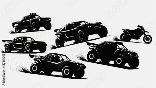 Multiple Off Road Vehicles and Motorcycle Silhouettes Racing.