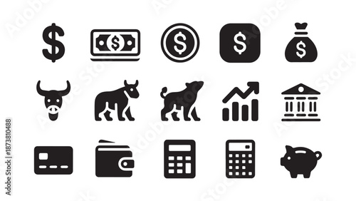 Finance and banking icon set featuring dollar signs, money bags, stock market bull and bear silhouettes, credit cards, wallets, and calculators for investment, economy, and savings concepts.