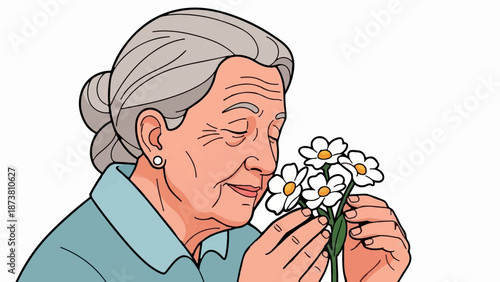 Elderly woman enjoying the scent of daisies
