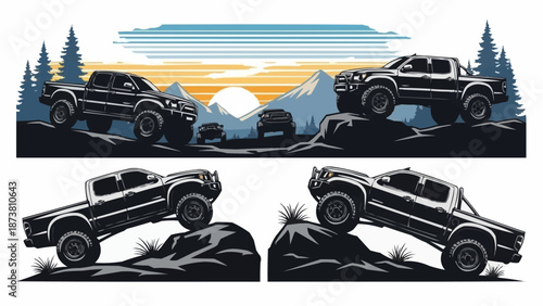 Off Road Trucks Driving on Rugged Terrain and Mountains.