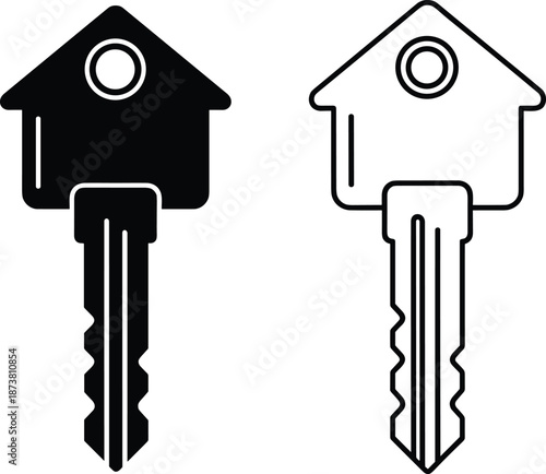 Vector icon set of house shaped keys in black silhouette and outline styles, real estate symbol for home ownership.