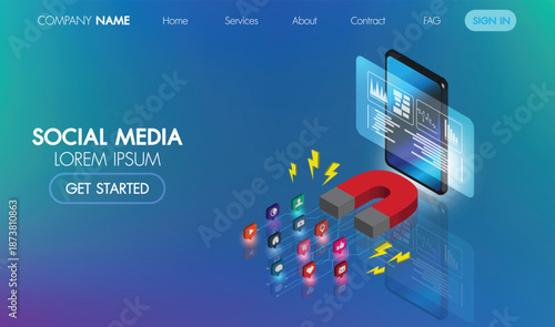 Social Media Marketing: A dynamic composition showcasing a smartphone connected to a magnet, surrounded by social media icons, symbolizing the power of digital marketing and audience engagement.