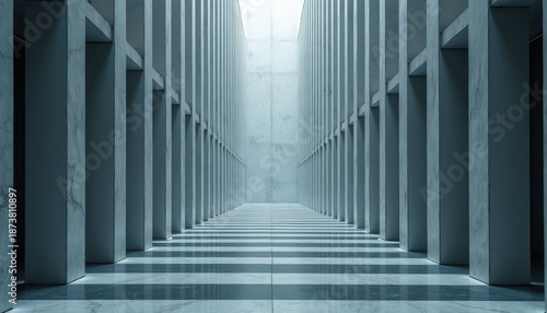 Symmetrical Concrete Hallway with Geometric Pillars and Reflective Floor Under Bright Overhead Lighting