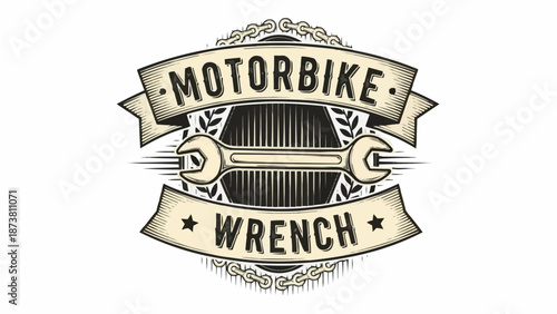 Motorbike Wrench Emblem with Chain and Ribbons.