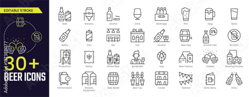 Beer Stroke icon collections. Containing Brewery, Alcohol, Drink, Mug, Glass, Beer Keg, Process, Beer Tap, and Beer Factory icons. Editable Stroke icon collection Outline icon