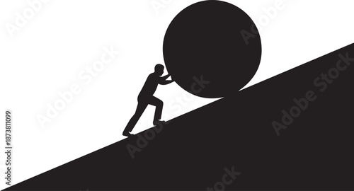 Man pushing large boulder up steep hill Silhouette vector black on a white background
