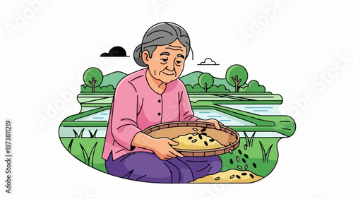 Elderly woman in colorful attire sorts grain in a tranquil, green rice paddy landscape