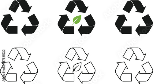 Vector icon set of recycle arrows symbol with green leaf in black silhouette and outline styles, ecology sign for nature sustainability.