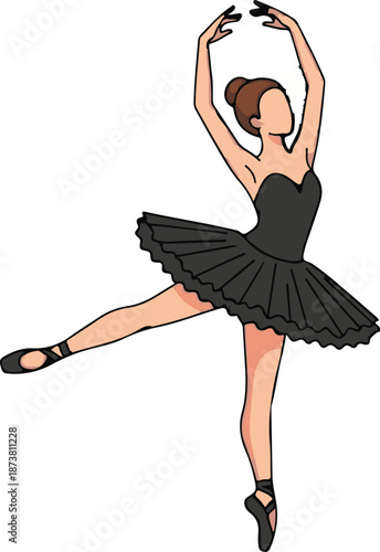 Elegant ballerina in black tutu, arms up, one leg extended