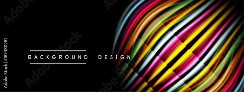 Abstract colorful lines form dynamic wave pattern. Black background emphasizes vibrant design elements. Modern aesthetic.