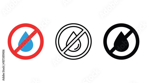 A set of prohibition signs with water droplet symbols on a white background