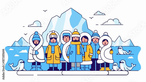 Diverse group of people in arctic gear pose with seals and icebergs