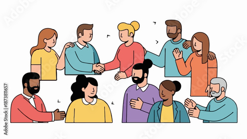 Diverse group of people in warm colors, interacting and connecting