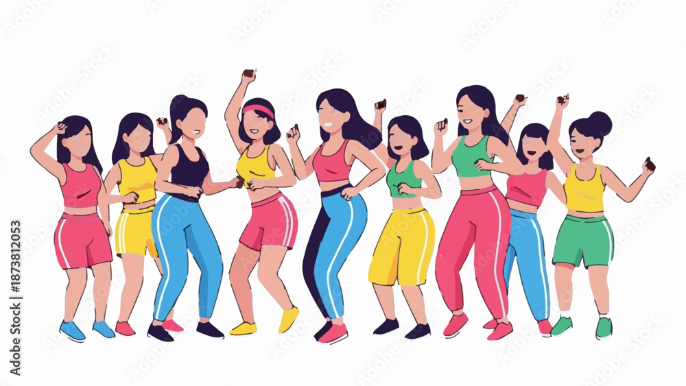 Obraz premium Diverse group of women in bright activewear joyfully dancing together in unison
