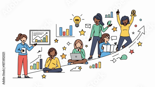 Diverse group of women collaborate and achieve success, depicted with charts and growth metaphors