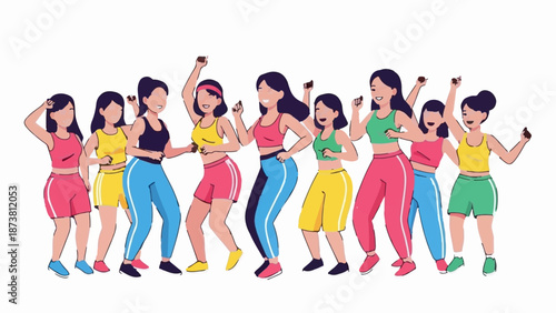 Diverse group of women in bright activewear joyfully dancing together in unison