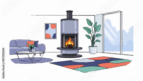 Cozy modern living room with fireplace and large window, featuring a sofa and potted plant