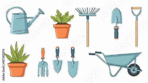 Collection of gardening tools and potted plants