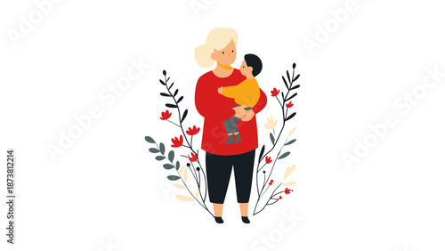 A loving grandmother holding a baby surrounded by beautiful flowers