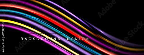 Abstract colorful waves over black background. Dynamic lines create modern design, suitable for banners, presentations. Vivid hues enhance visual impact.