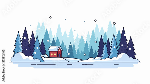 Cozy red cabin nestled in a snowy pine forest during snowfall