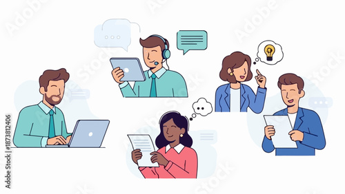 Diverse individuals collaborating, communicating, and problem-solving with technology