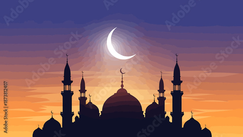 Silhouette of a majestic mosque against a vibrant crescent moonlit dusk sky