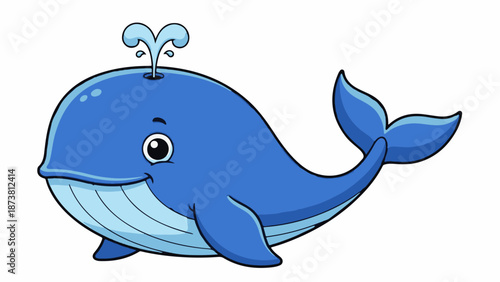 Cheerful blue cartoon whale spouting water with a big smile