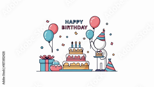 Cheerful birthday scene with a tiered cake, presents, balloons, confetti, and a happy figure