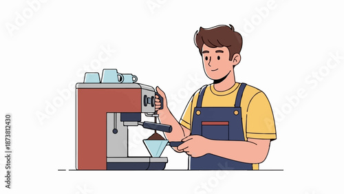 Cheerful barista preparing coffee with an espresso machine