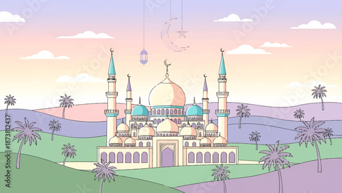 A serene mosque standing majestically in a lush green landscape with palm trees under a pastel sky with hot air balloons floating gently
