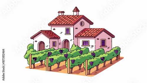 Charming vineyard estate with tiled roofs, rows of ripe grapes, and a villa