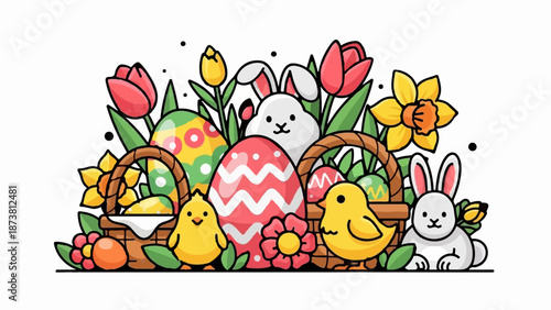 Charming Easter scene with painted eggs, chicks, rabbits, and flowers