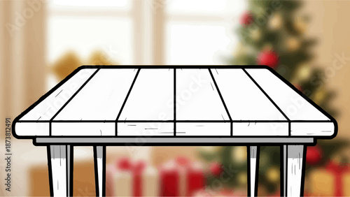 Empty wooden table in front of a blurred festive scene with gifts and a tree