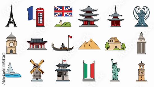 Collection of iconic world landmarks and cultural symbols presented as colorful illustrations on white
