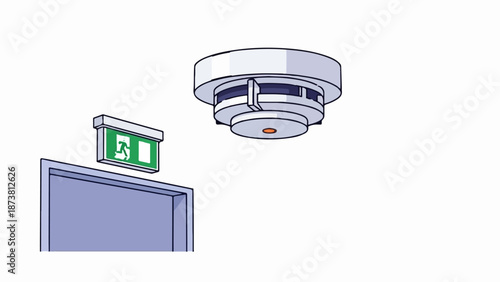 Ceiling-mounted smoke detector above a door with an illuminated green exit sign