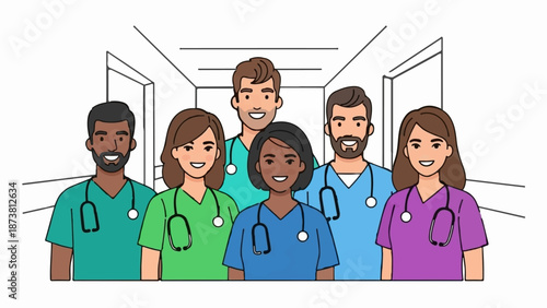 Diverse medical team smiling in hospital corridor