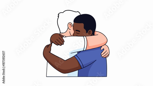 Diverse men embracing, showing affection and unity between different skin tones