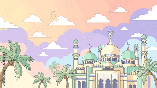 A serene mosque standing majestically amidst palm trees under a vibrant sky with clouds